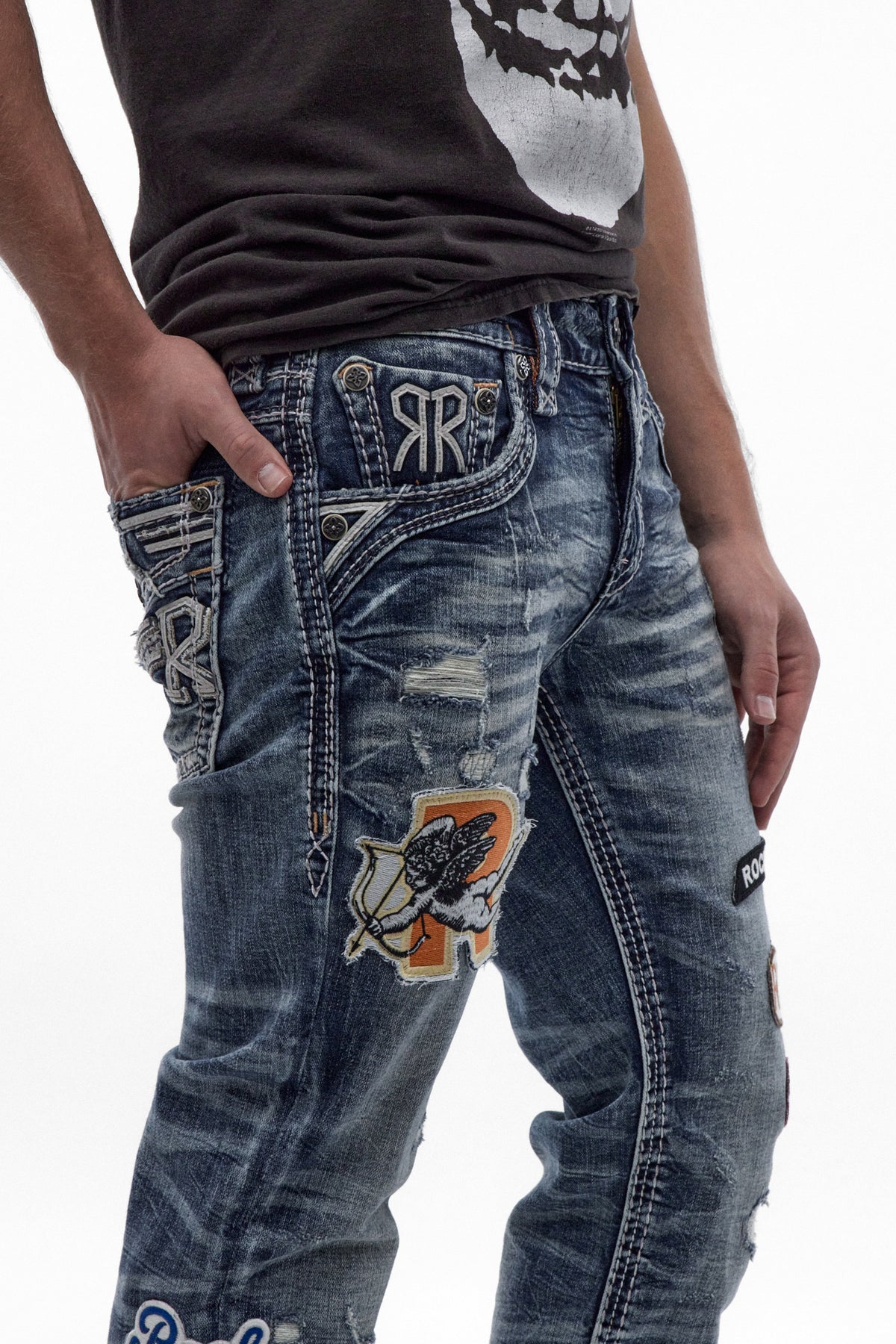 Mattie Straight Patchwork Jeans in Medium Blue