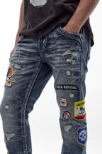 Mattie Straight Patchwork Jeans in Medium Blue