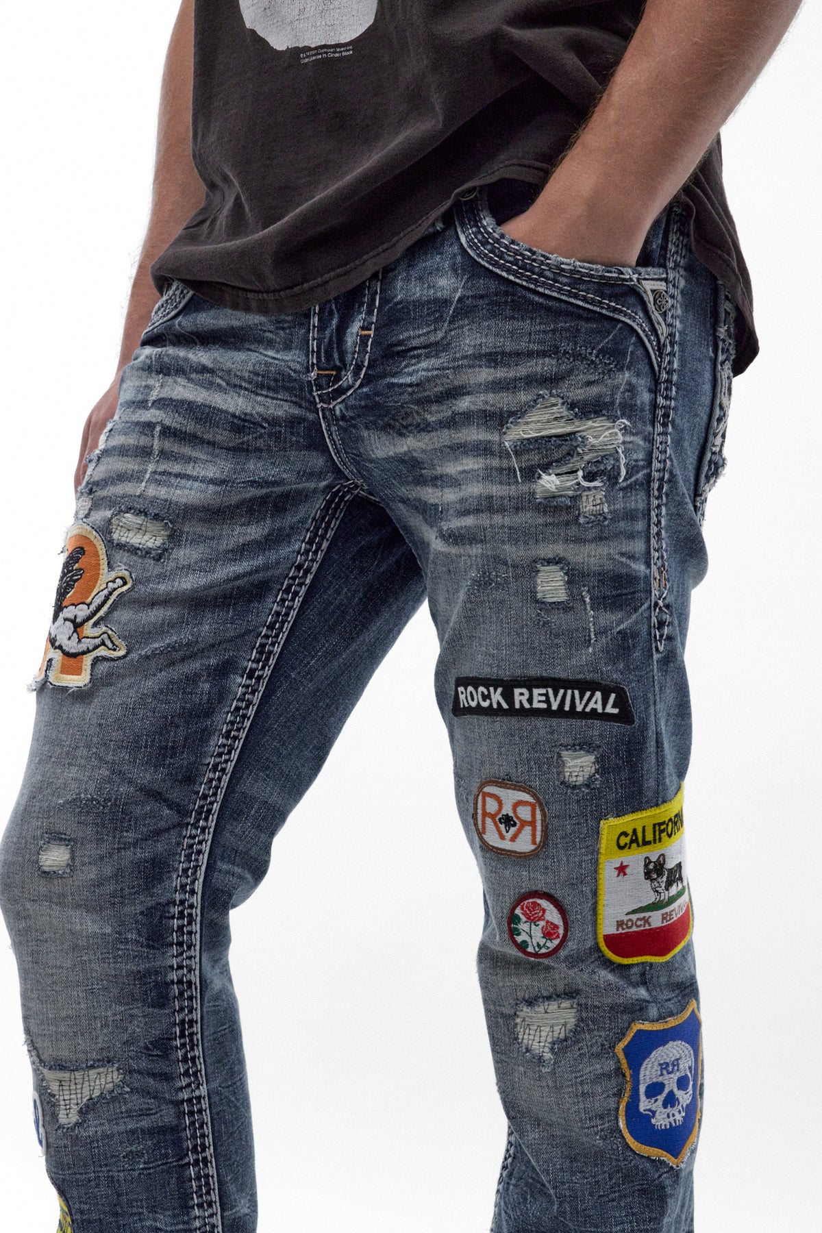 Mattie Straight Patchwork Jeans in Medium Blue