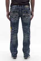 Mattie Straight Patchwork Jeans in Medium Blue