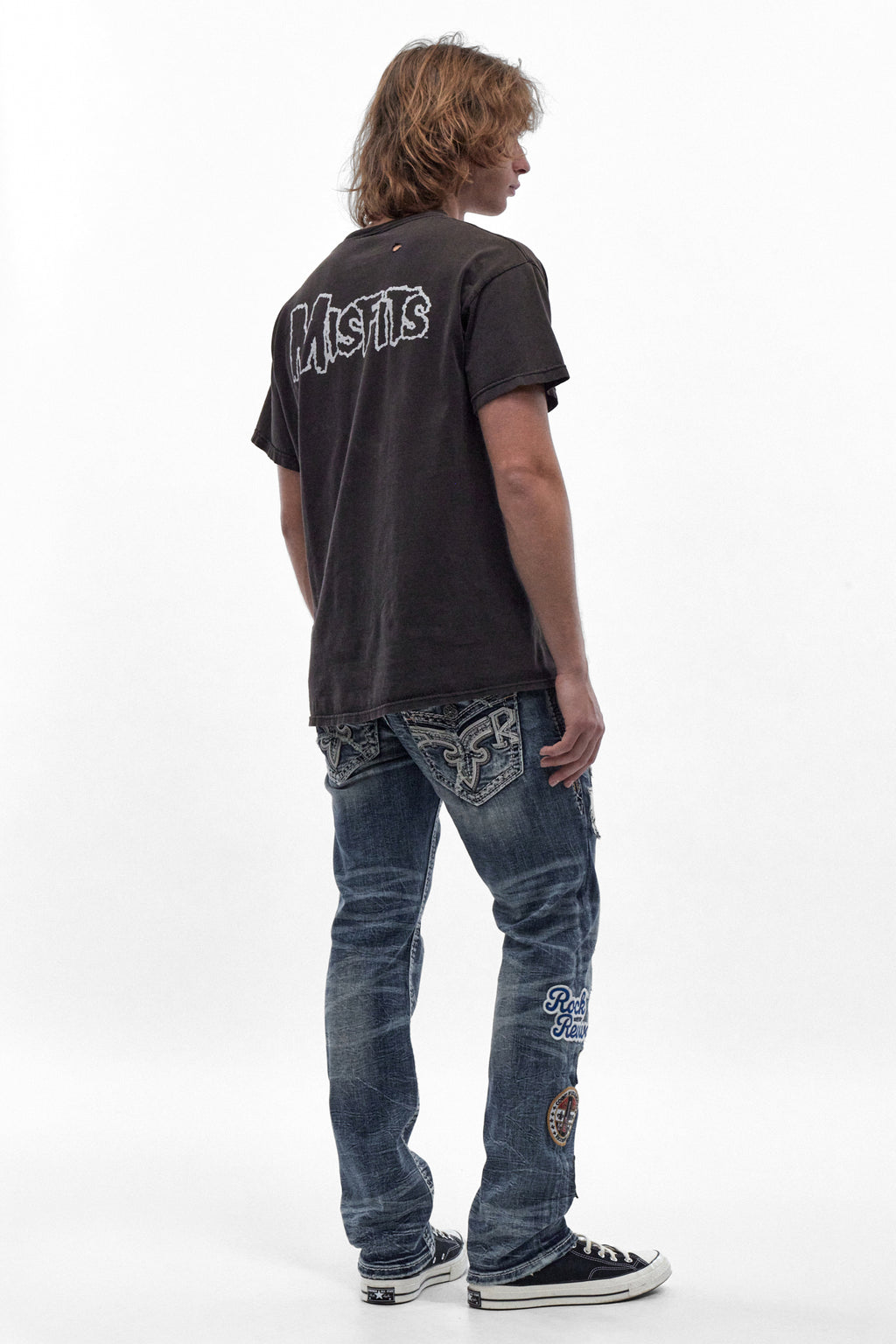 Mattie Straight Patchwork Jeans in Medium Blue