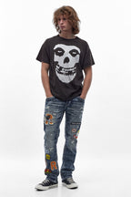 Mattie Straight Patchwork Jeans in Medium Blue