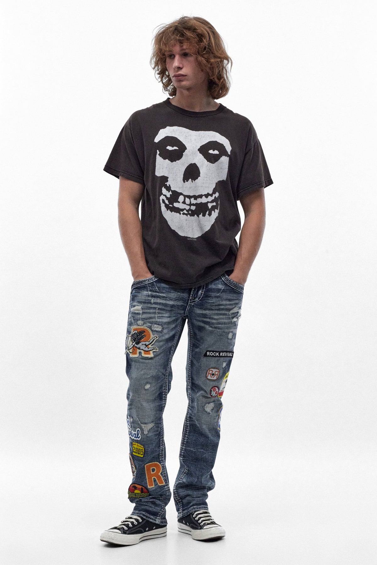 Mattie Straight Patchwork Jeans in Medium Blue