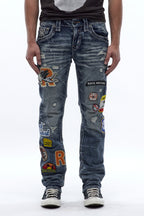 Mattie Straight Patchwork Jeans in Medium Blue
