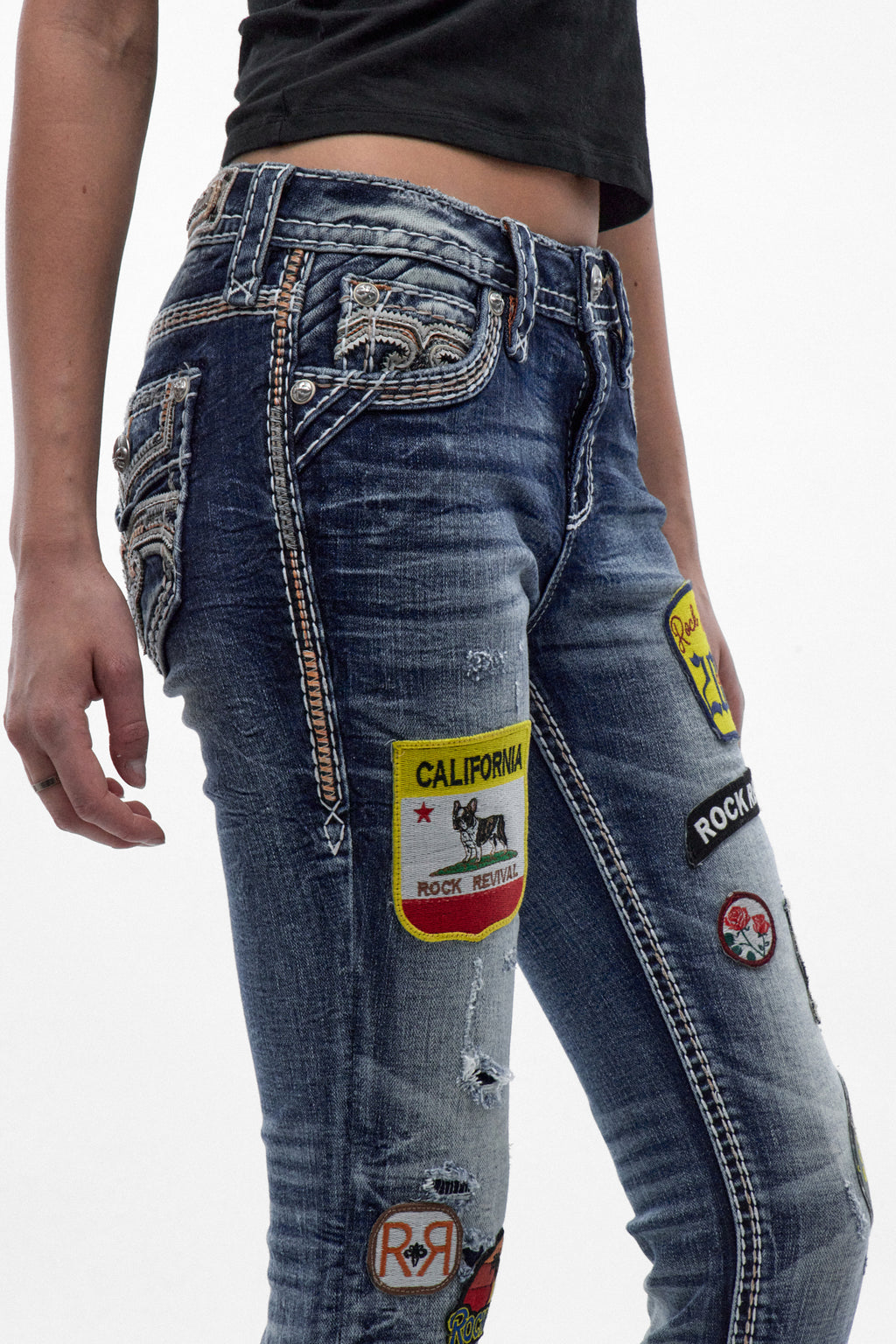 Medina Skinny Patchwork Jeans in Medium Blue
