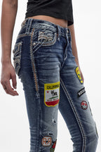 Medina Skinny Patchwork Jeans in Medium Blue
