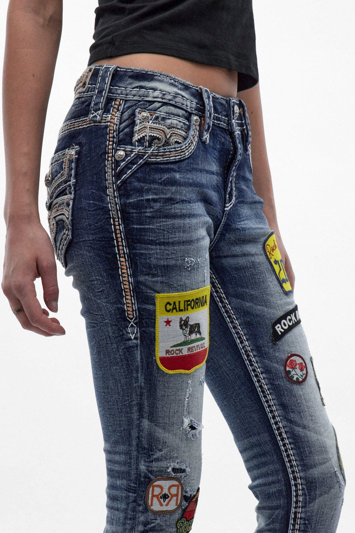 Medina Skinny Patchwork Jeans in Medium Blue