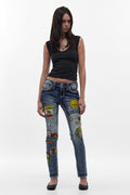 Medina Skinny Patchwork Jeans in Medium Blue
