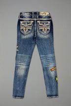 Medina Skinny Patchwork Jeans in Medium Blue