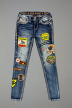 Medina Skinny Patchwork Jeans in Medium Blue