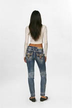 Colleen Skinny Jeans in Medium Blue with Patchwork