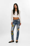 Colleen Skinny Jeans in Medium Blue with Patchwork