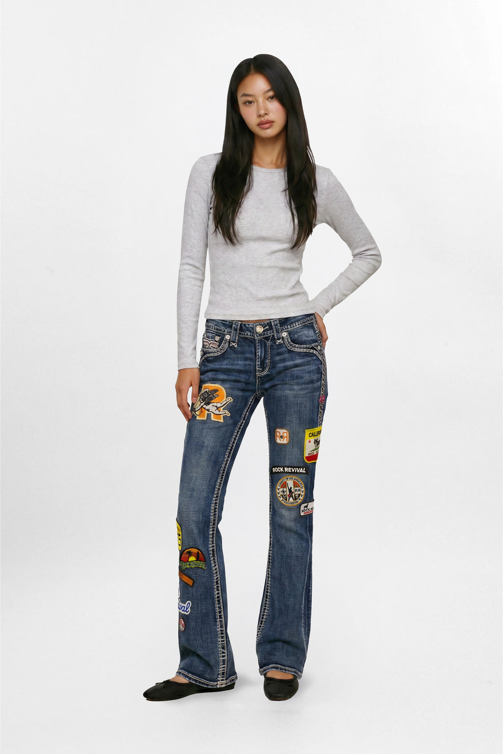 Rosemia Bootcut Jeans in Blue with Patchwork