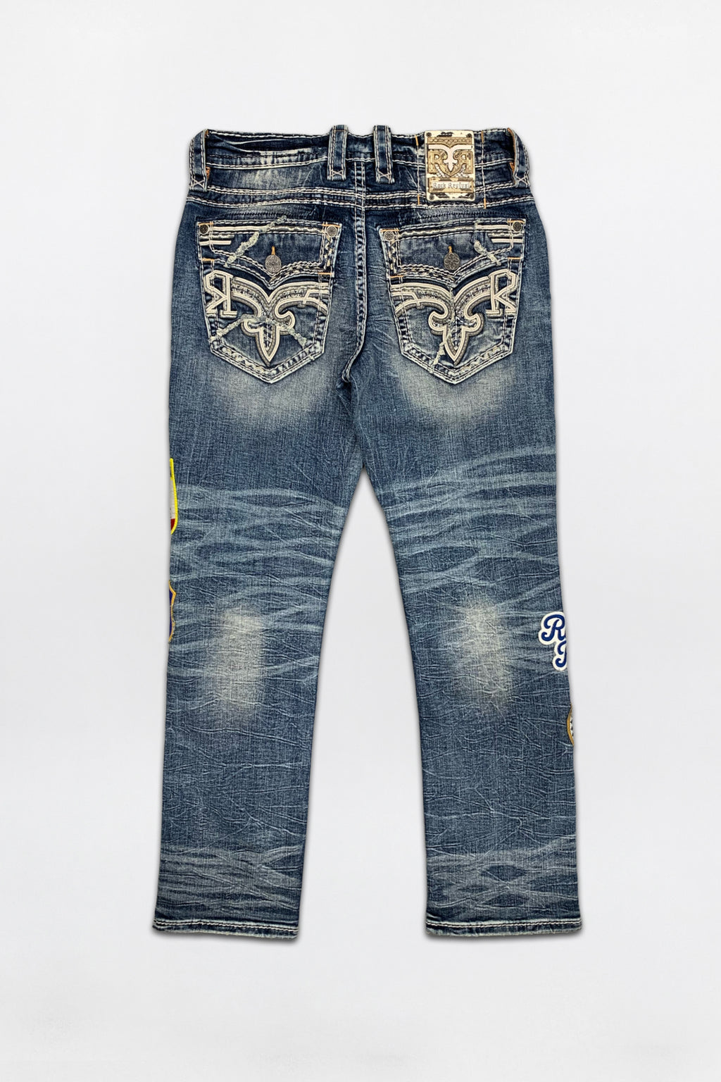 Mattie Straight Patchwork Jeans in Medium Blue