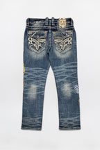 Mattie Straight Patchwork Jeans in Medium Blue