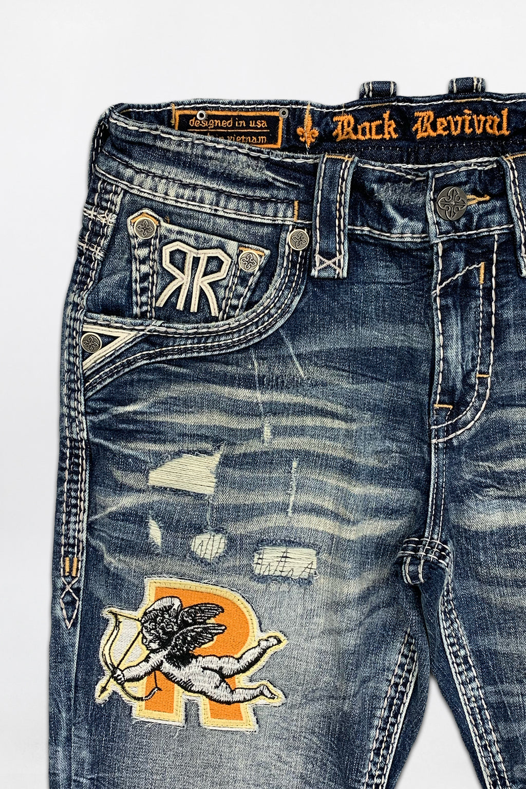Mattie Straight Patchwork Jeans in Medium Blue