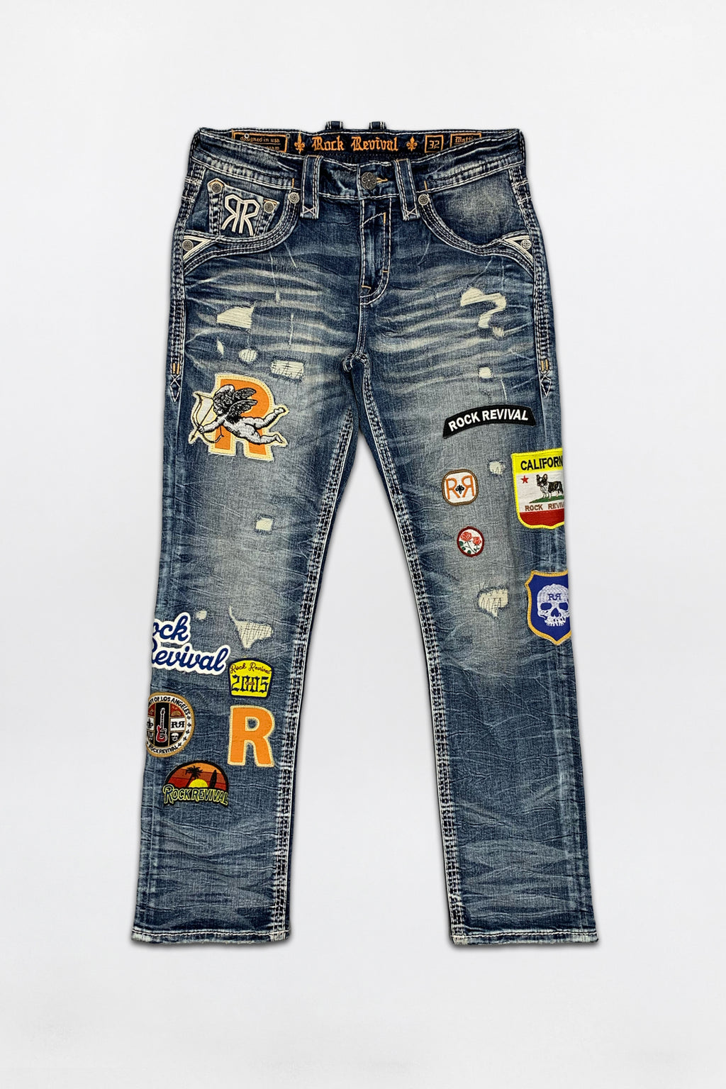 Mattie Straight Patchwork Jeans in Medium Blue