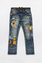 Mattie Straight Patchwork Jeans in Medium Blue