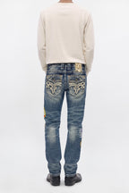Mattie Straight Patchwork Jeans in Medium Blue