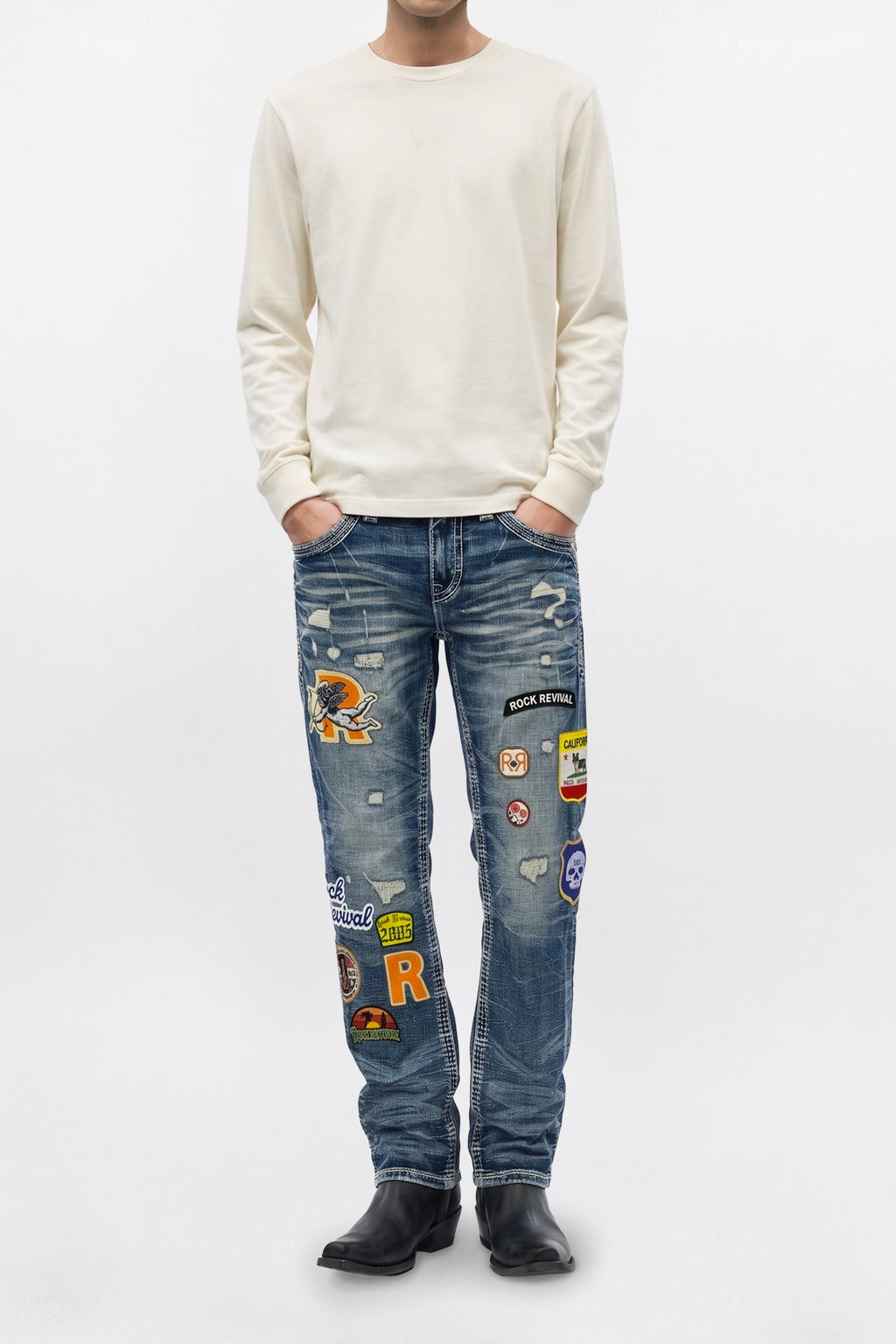 Mattie Straight Patchwork Jeans in Medium Blue