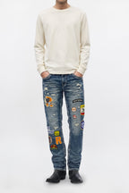 Mattie Straight Patchwork Jeans in Medium Blue