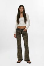Alivia Super Low-Rise Flare Jeans in Black Olive