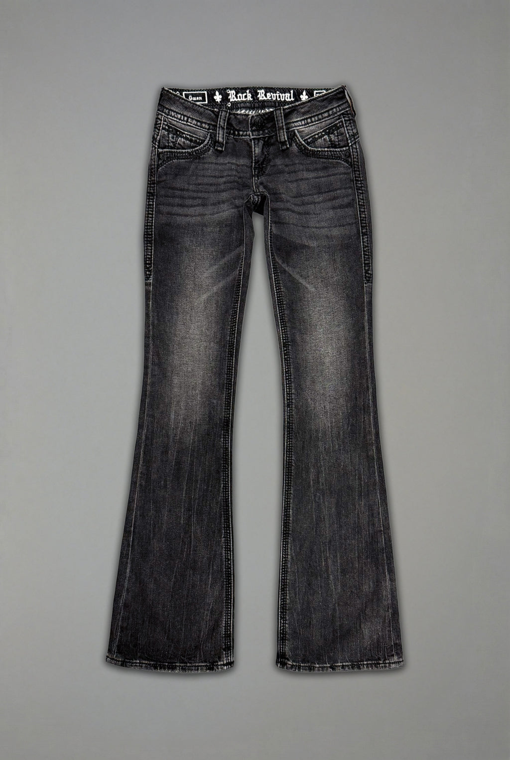 Gwen Super Low-Rise Bootcut in Faded Black - Rock Revival®