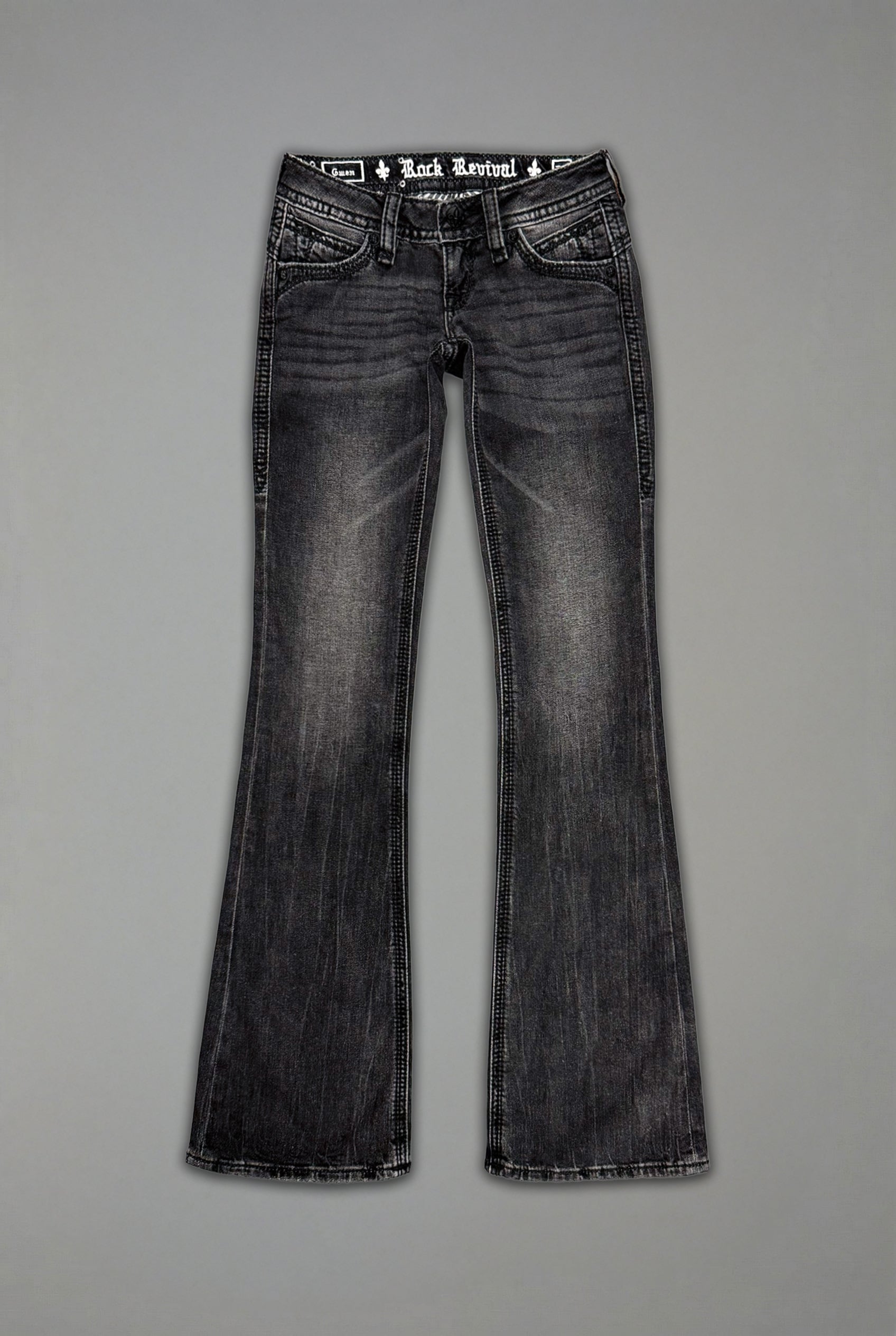 Gwen Super Low-Rise Bootcut in Faded Black - Rock Revival®