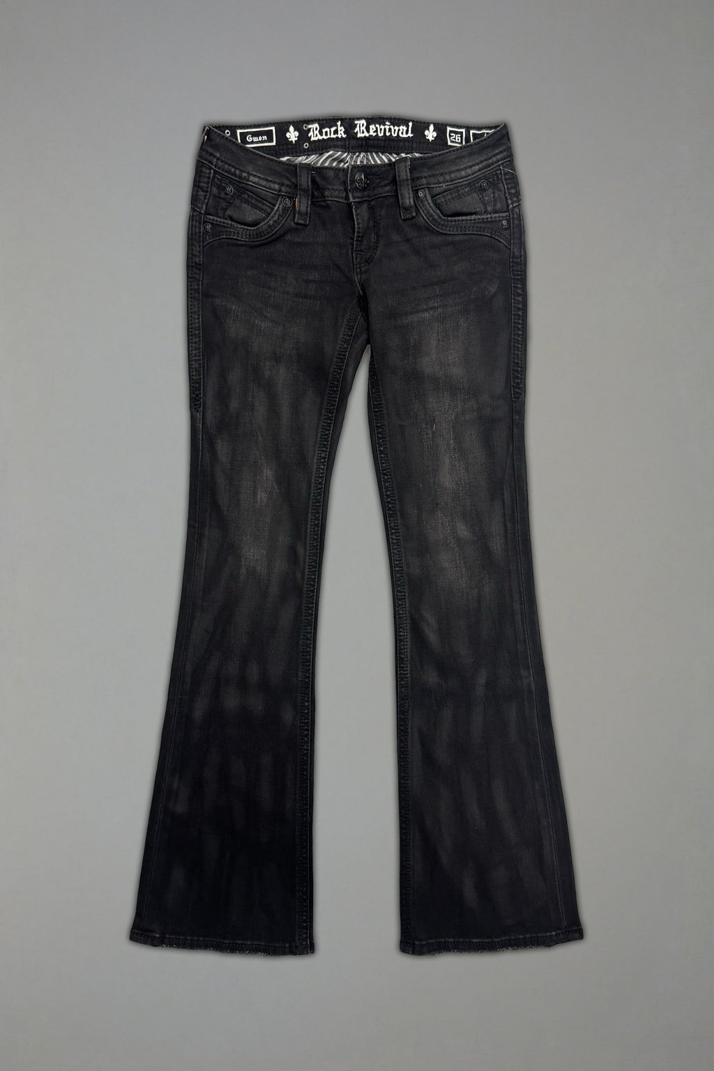 Gwen Super Low-Rise Bootcut in Black Fade Coated - Rock Revival®