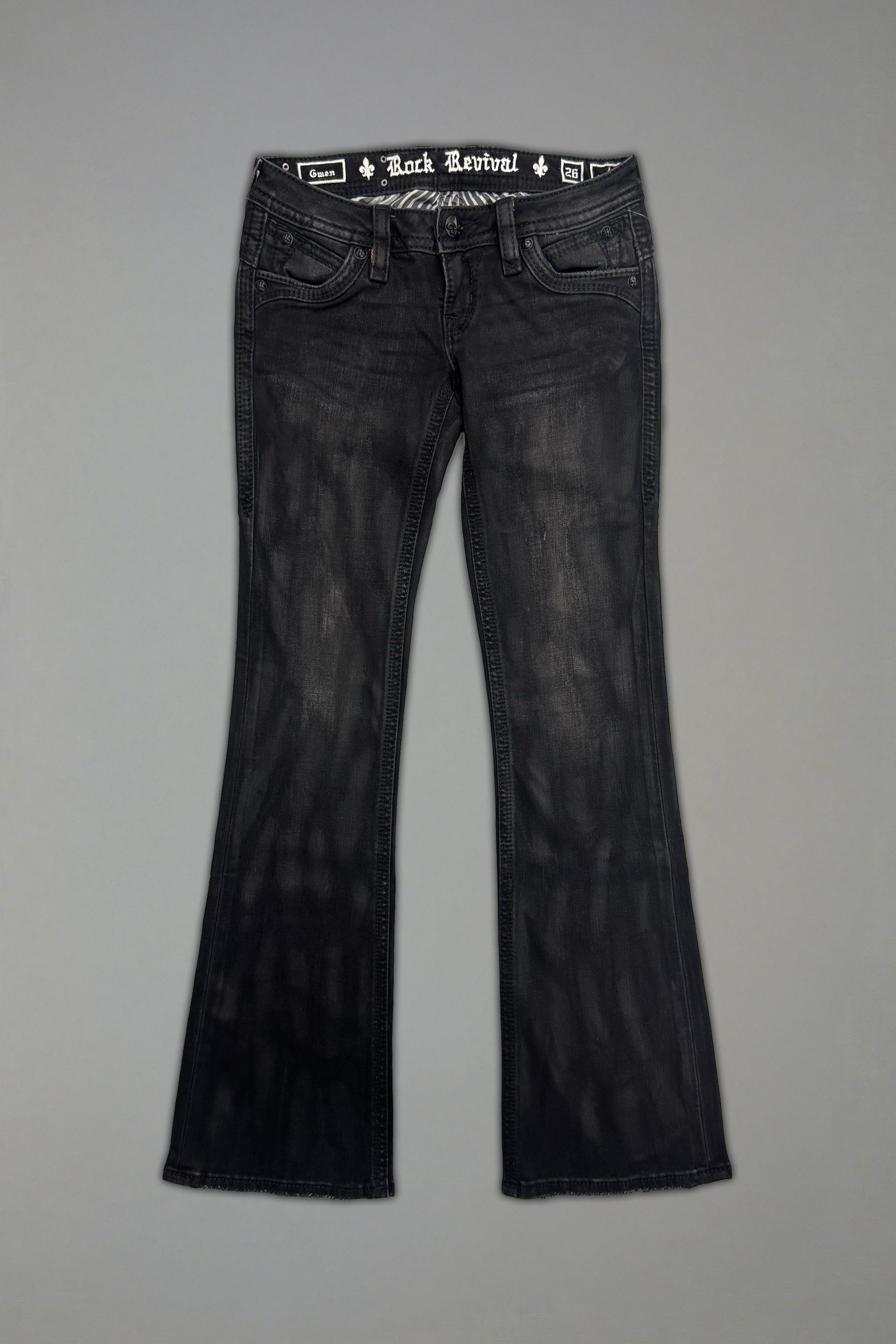 Gwen Super Low-Rise Bootcut in Black Fade Coated - Rock Revival®