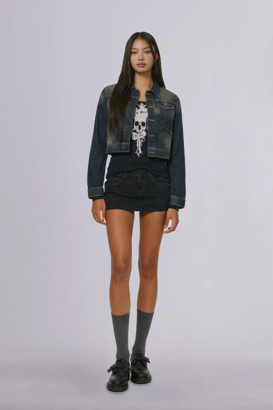 Gwen Cropped Trucker Jacket in Vintage Blue - Rock Revival®