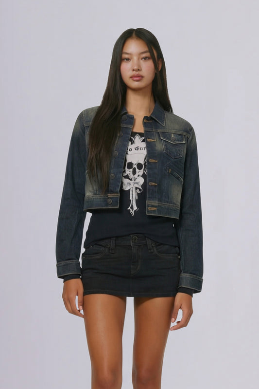 Gwen Cropped Fitted Denim Jacket in Desert Sand