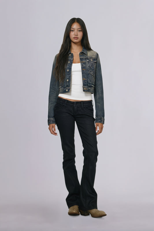 Gwen Cropped Fitted Denim Jacket in Faded Marble - Rock Revival®
