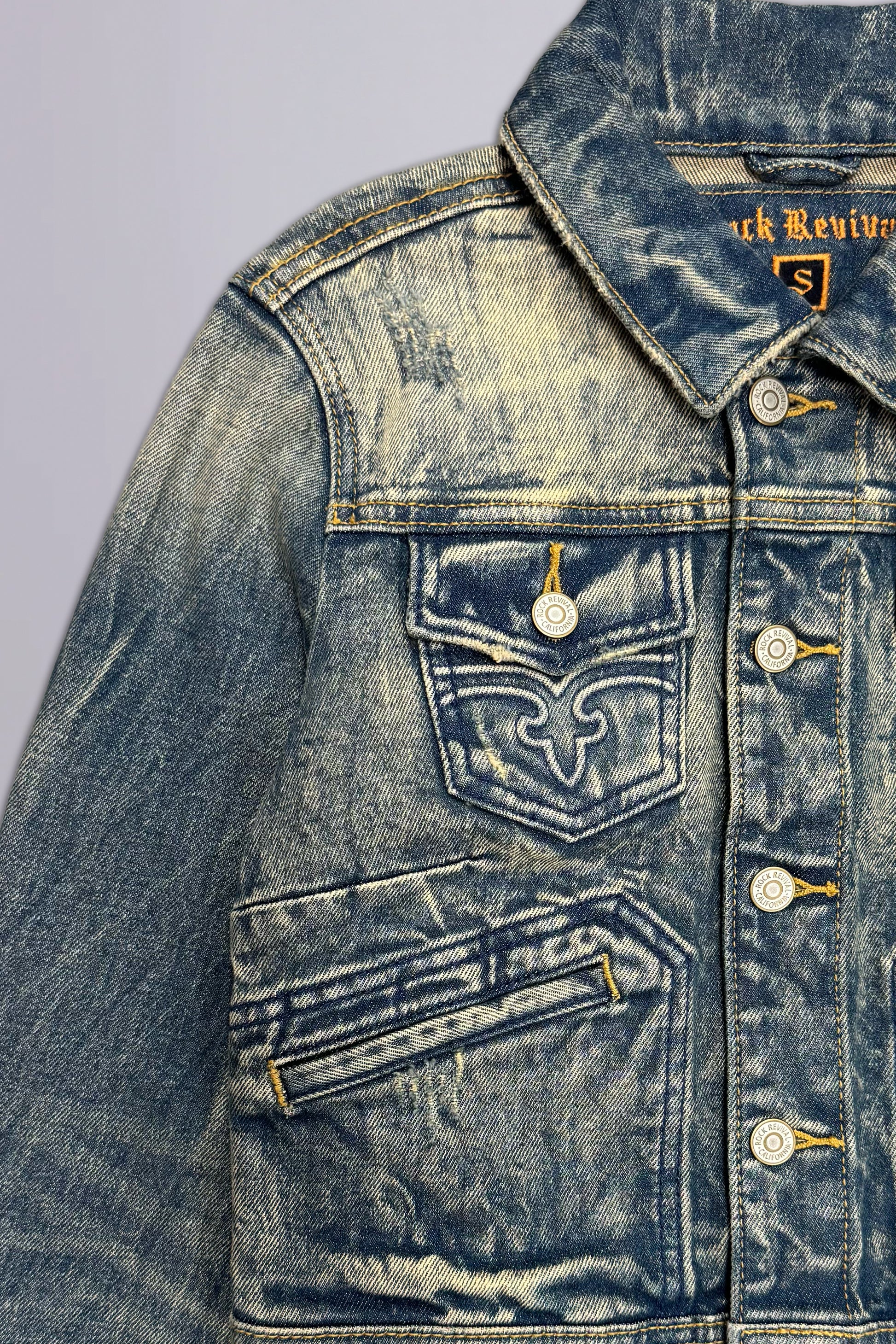 Gwen Cropped Fitted Denim Jacket in Faded Marble - Rock Revival®
