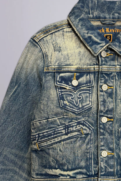 Gwen Cropped Fitted Denim Jacket in Faded Marble - Rock Revival®