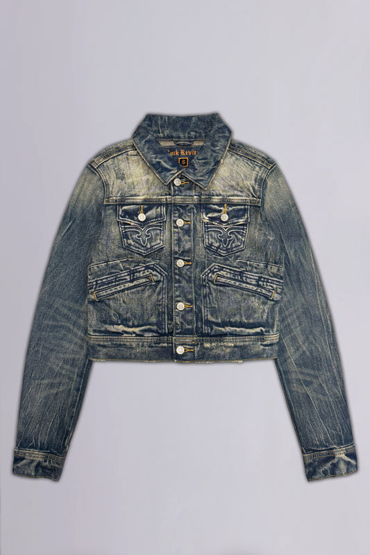 Gwen Cropped Fitted Denim Jacket in Faded Marble - Rock Revival®