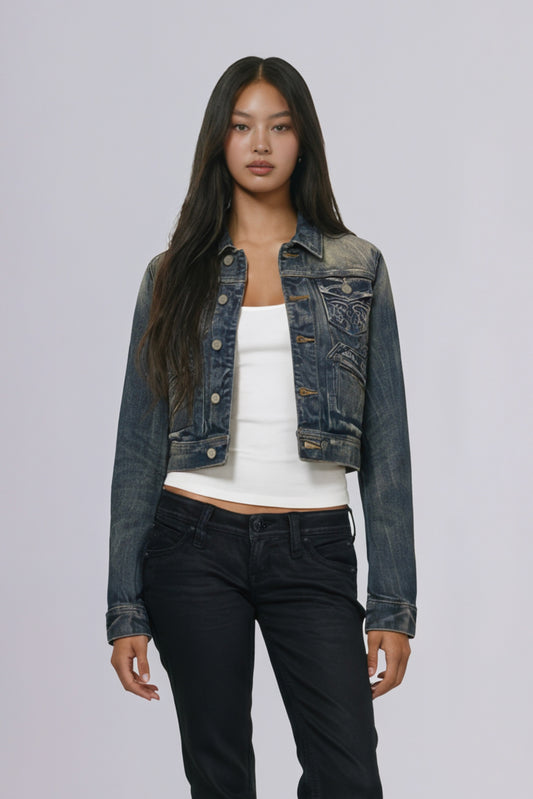 Gwen Cropped Fitted Denim Jacket in Faded Marble - Rock Revival®