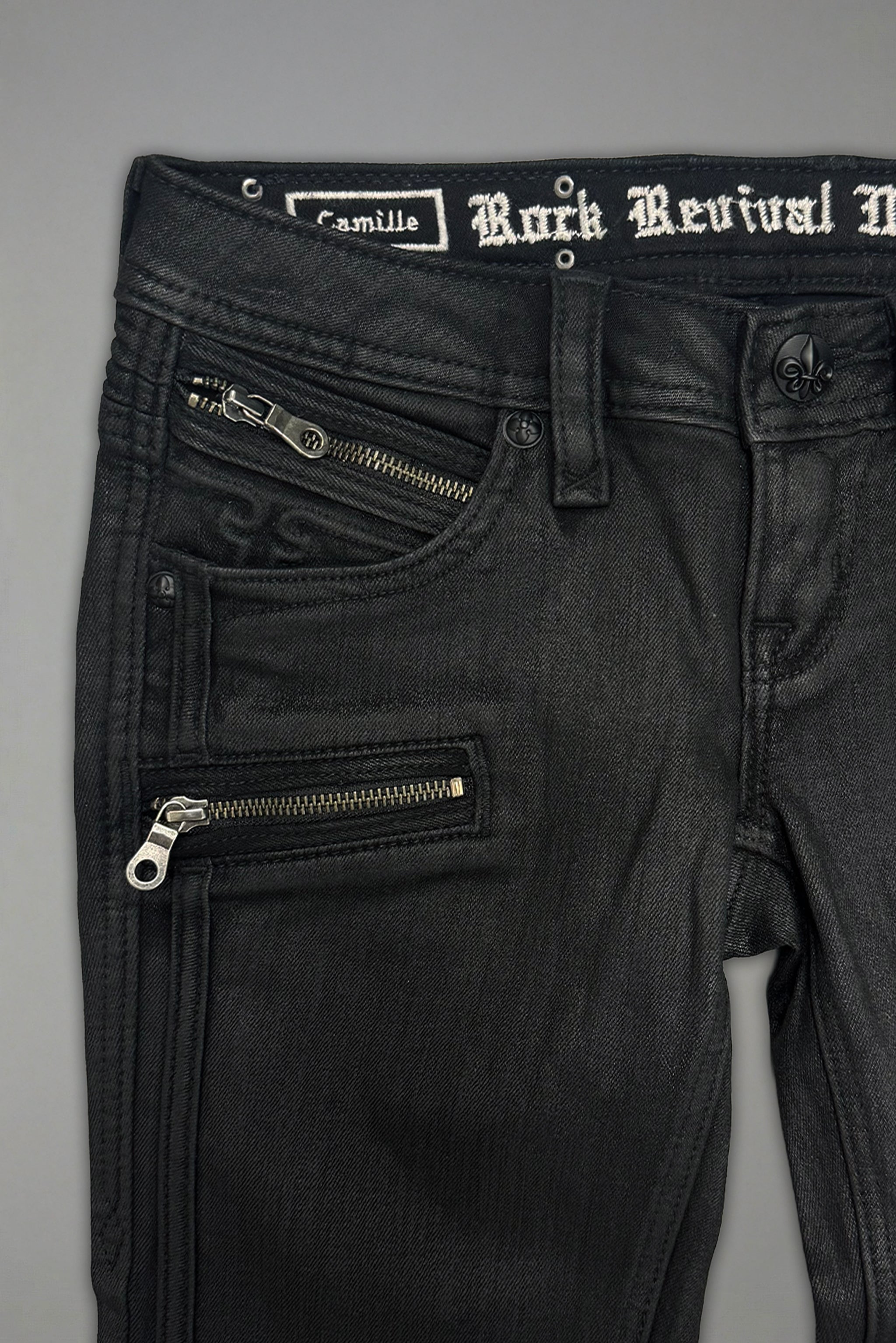 Camille Super Low-Rise Moto Skinny Jean in Black Coating – Rock