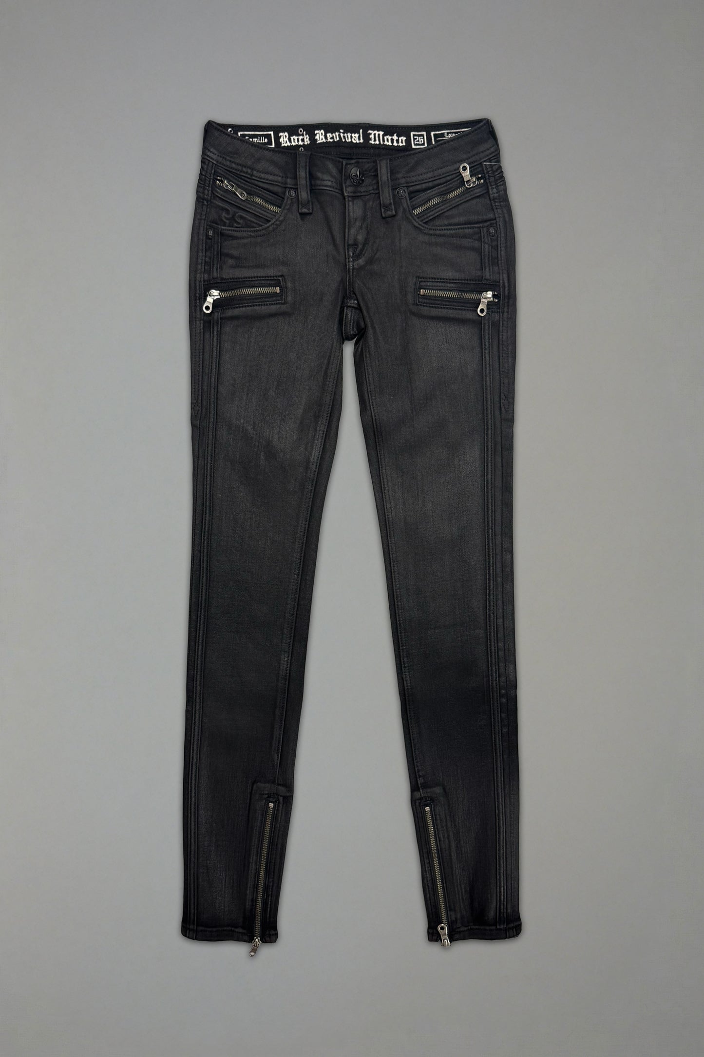 Camille Super Low-Rise Moto Skinny in Black Coating - Rock Revival®