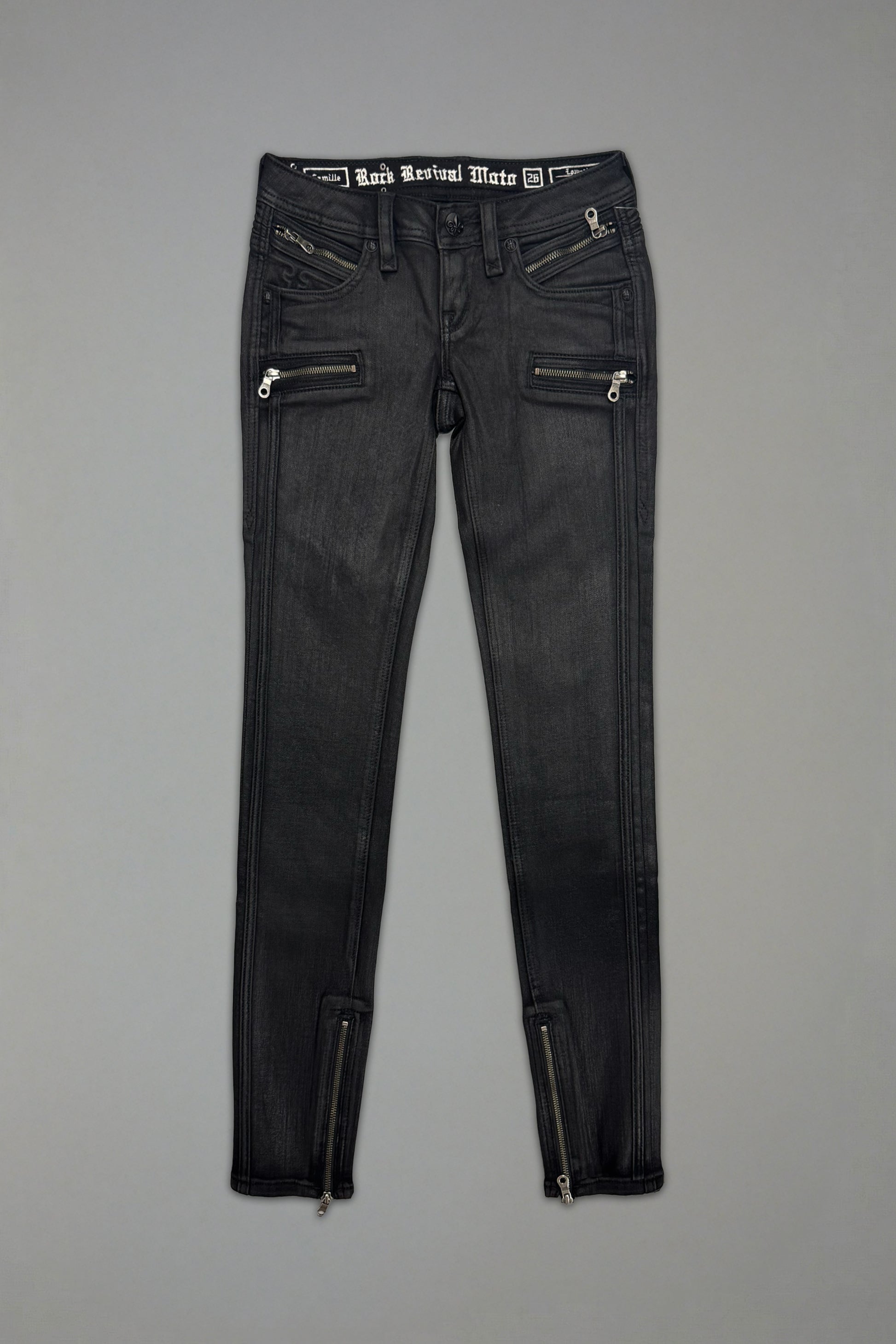 Camille Super Low-Rise Moto Skinny in Black Coating - Rock Revival®