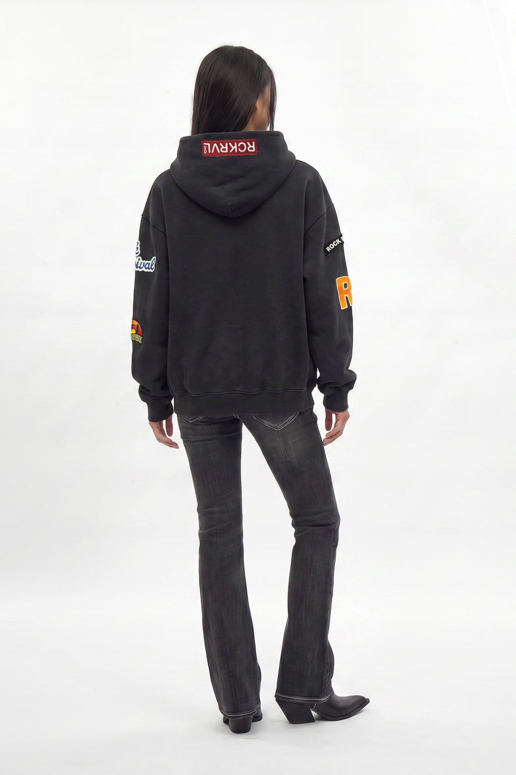 (RRH00000-PW) - Patchwork Hoodie in Black (Women's Version) - Rock Revival®