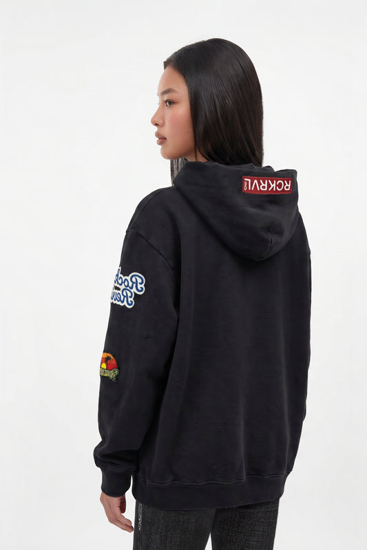 (RRH00000-PW) - Patchwork Hoodie in Black (Women's Version) - Rock Revival®