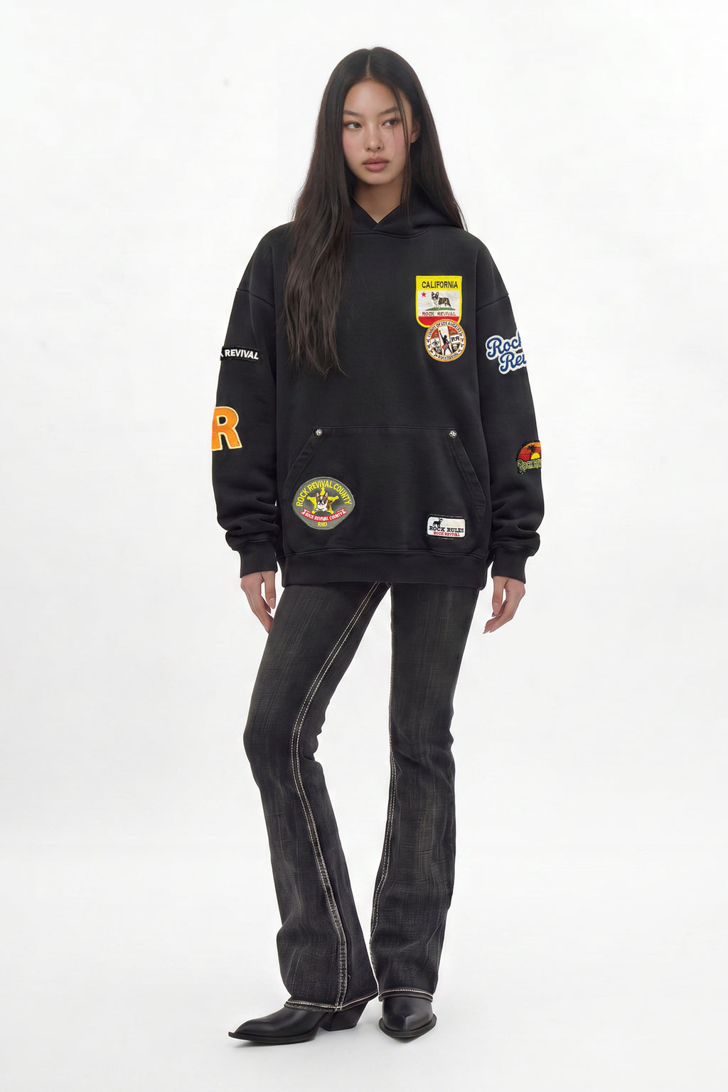 (RRH00000-PW) - Patchwork Hoodie in Black (Women's Version) - Rock Revival®