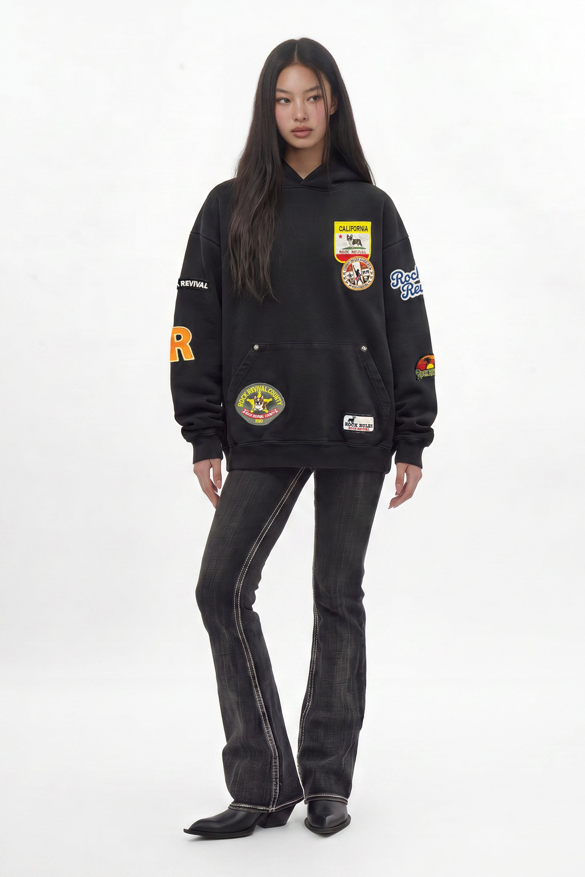 (RRH00000-PW) - Patchwork Hoodie in Black (Women's Version) - Rock Revival®