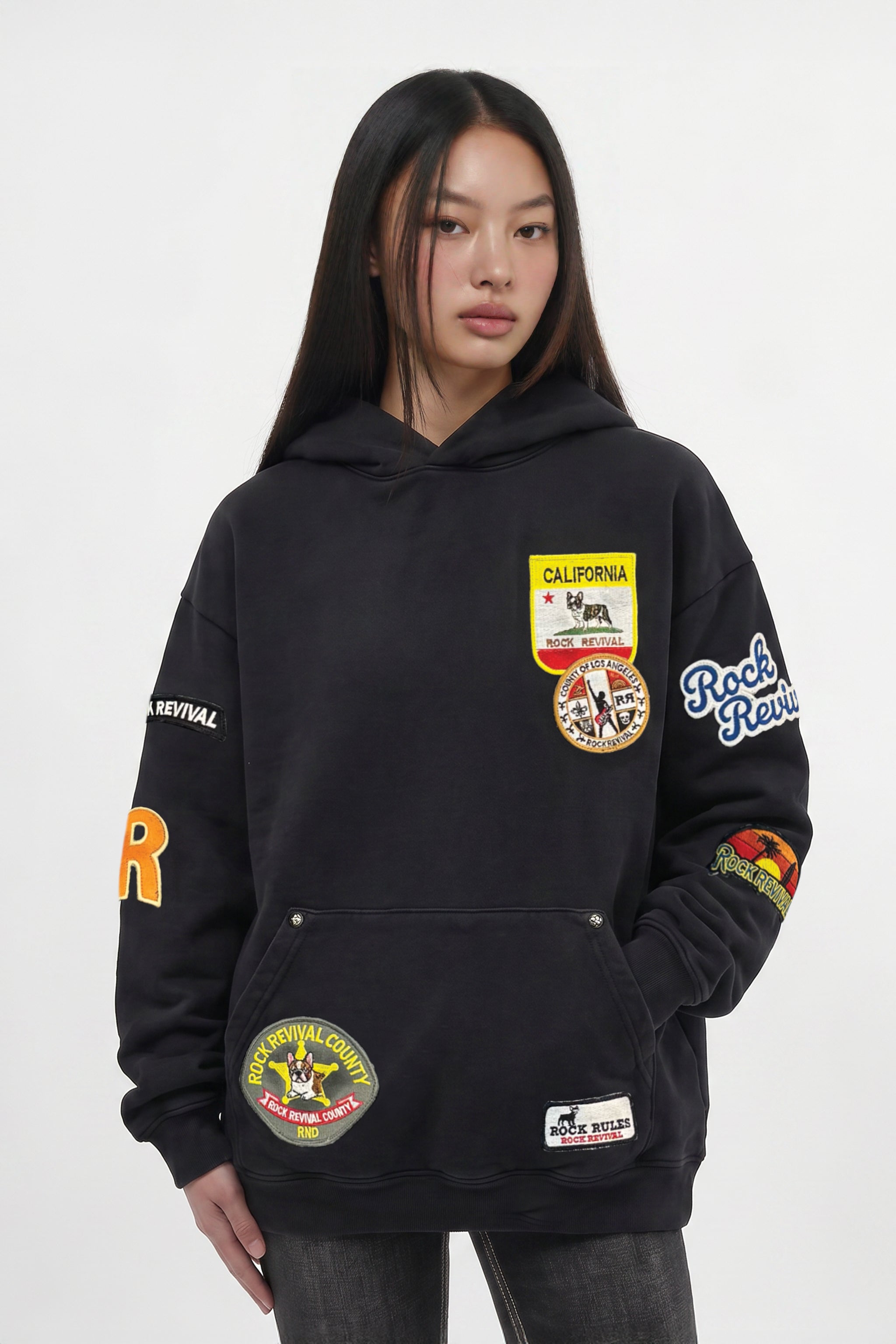 (RRH00000-PW) - Patchwork Hoodie in Black (Women's Version) - Rock Revival®