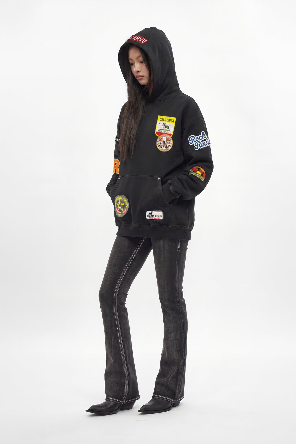 (RRH00000-PW) - Patchwork Hoodie in Black (Women's Version) - Rock Revival®