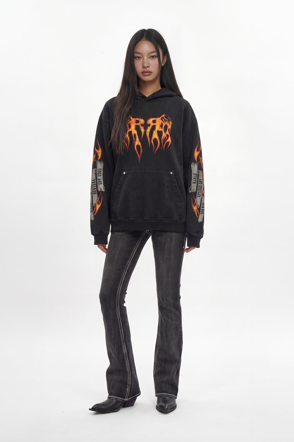 (RRH10222W) Molten Script Hoodie in Black (Women's Version) - Rock Revival®