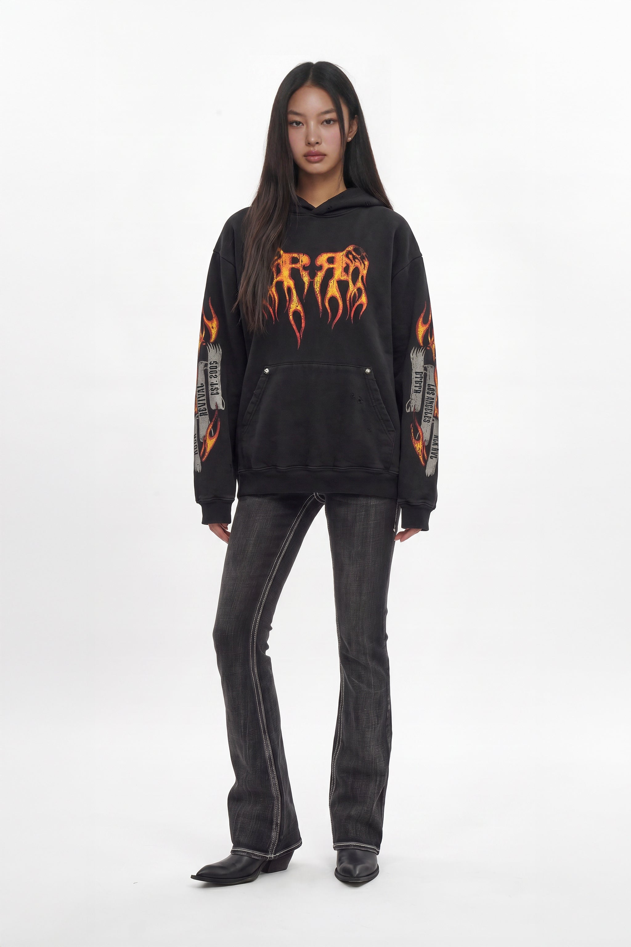 (RRH10222W) Molten Script Hoodie in Black (Women's Version) - Rock Revival®