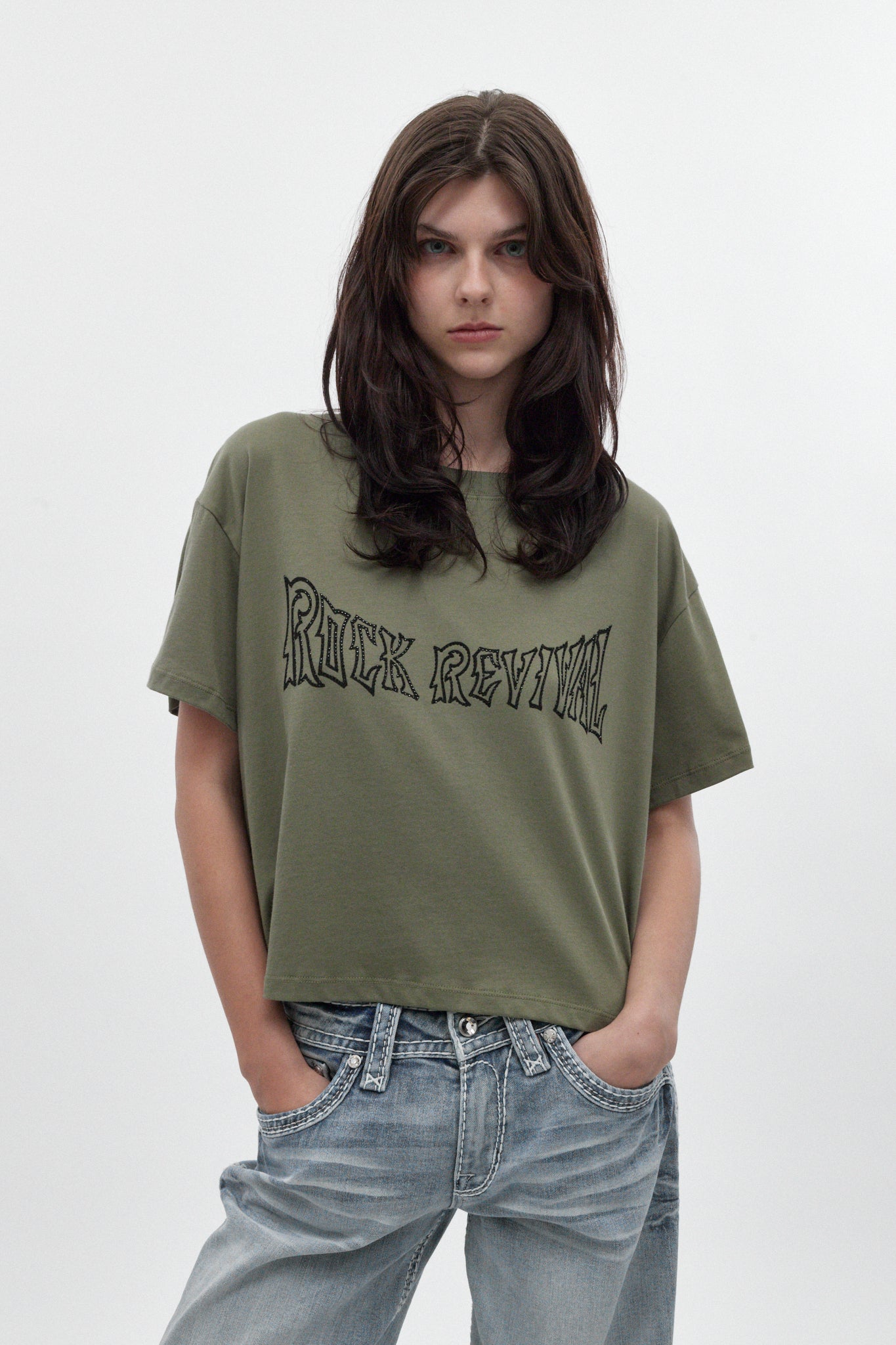 Winged Graphic Boxy Tee in Olive - Rock Revival®