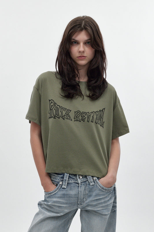 Winged Graphic Boxy Tee in Olive - Rock Revival®